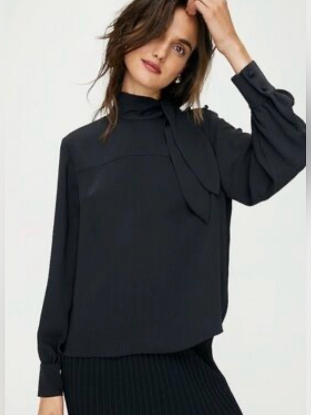 Wilfred Trapeze Black Sophisticated Attached Scarf Long Sleeve Blouse